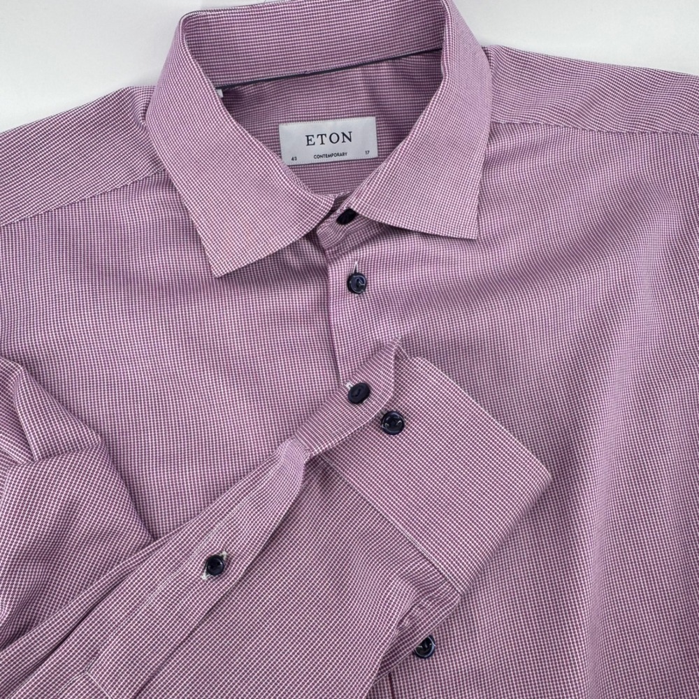 Eton Contemporary Fit Purple Micro Check Cotton Dress Shirt Mens 17 43 L